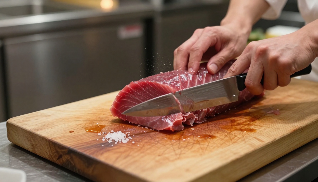 Close-up of chef's hands slicing tuna with knife in motion, photorealistic food photography detail