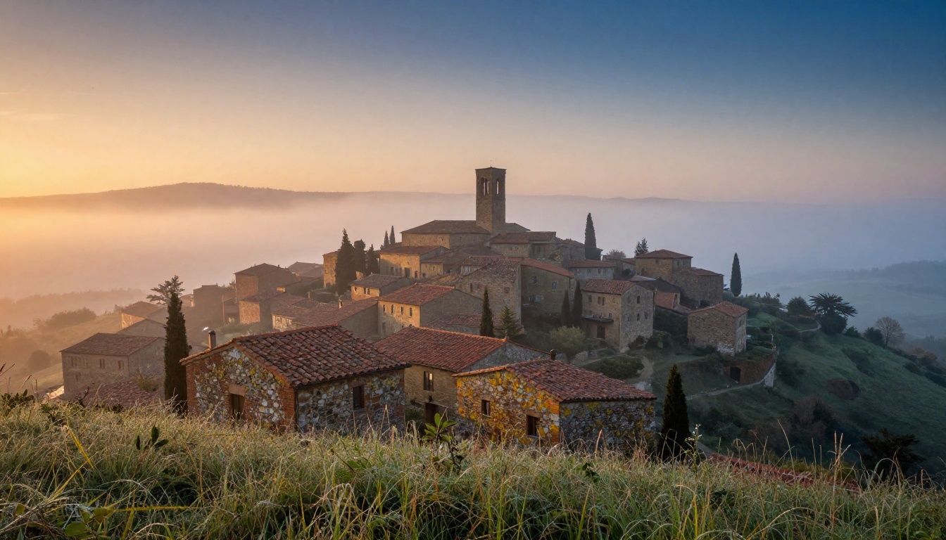 Misty Tuscan hillside village at dawn with terracotta rooftops and cypress trees in morning light