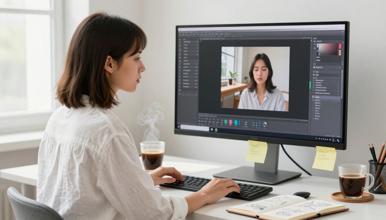 Creative professional working at computer in modern studio with natural skylight and natural skin tone