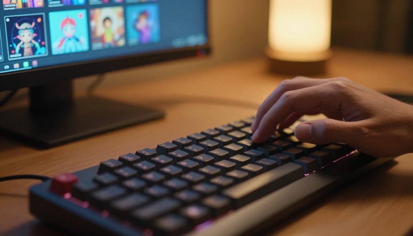 Hands typing on a dark mechanical keyboard with colorful AI-generated artwork glowing on the background screen Hands typing on a dark mechanical keyboard with colorful AI-generated artwork glowing on the background screen
