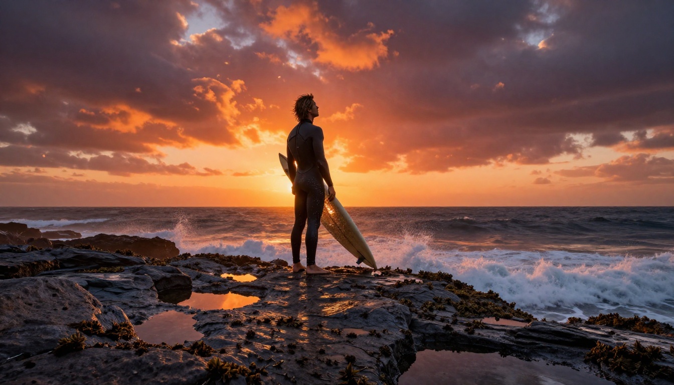Dramatic low-angle surfer silhouette on cliff edge against Atlantic sunset sky with ocean spray