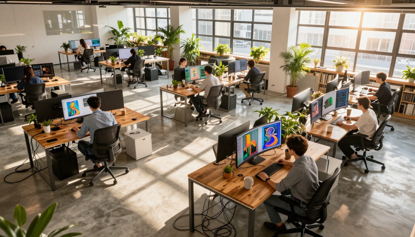 Wide aerial view of a modern creative agency office with professionals viewing AI-generated artworks on dual monitors Wide aerial view of a modern creative agency office with professionals viewing AI-generated artworks on dual monitors