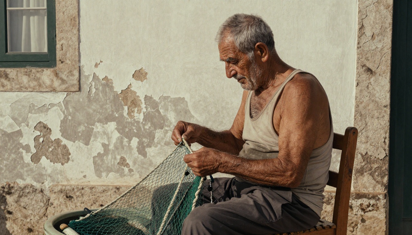 Elderly Portuguese fisherman mending nets by window in warm sepia-toned natural light, photorealistic documentary photography