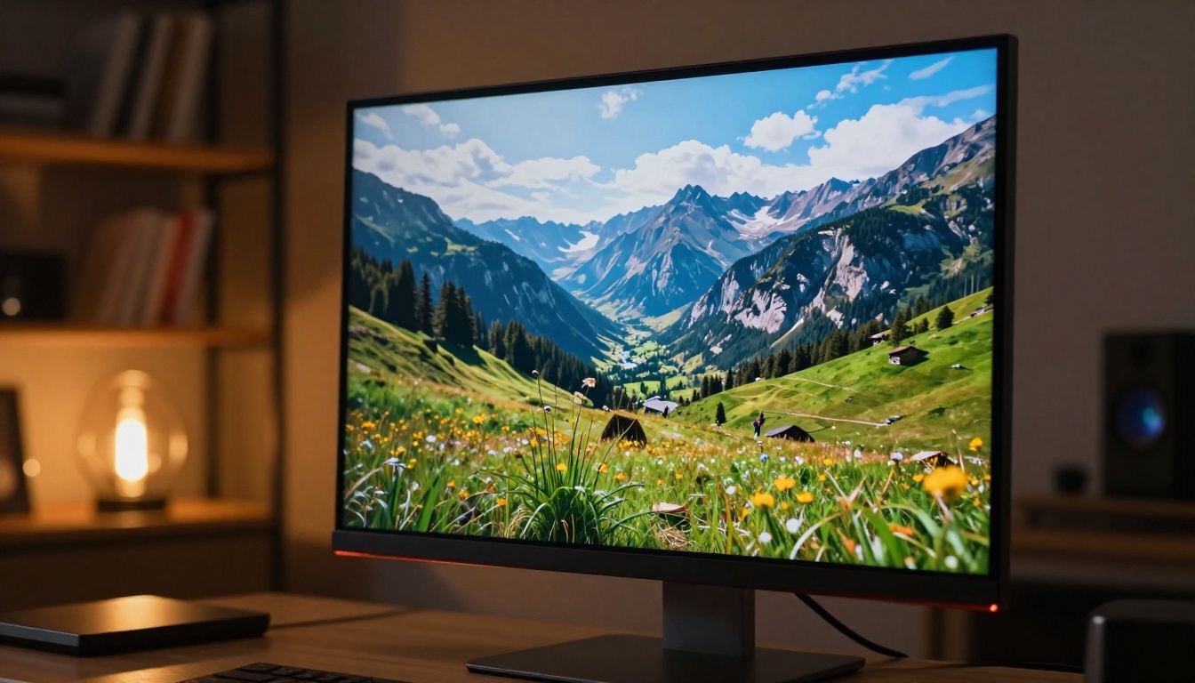Low-angle close-up of a professional monitor displaying a breathtaking AI-generated alpine landscape with vivid color depth Low-angle close-up of a professional monitor displaying a breathtaking AI-generated alpine landscape with vivid color depth