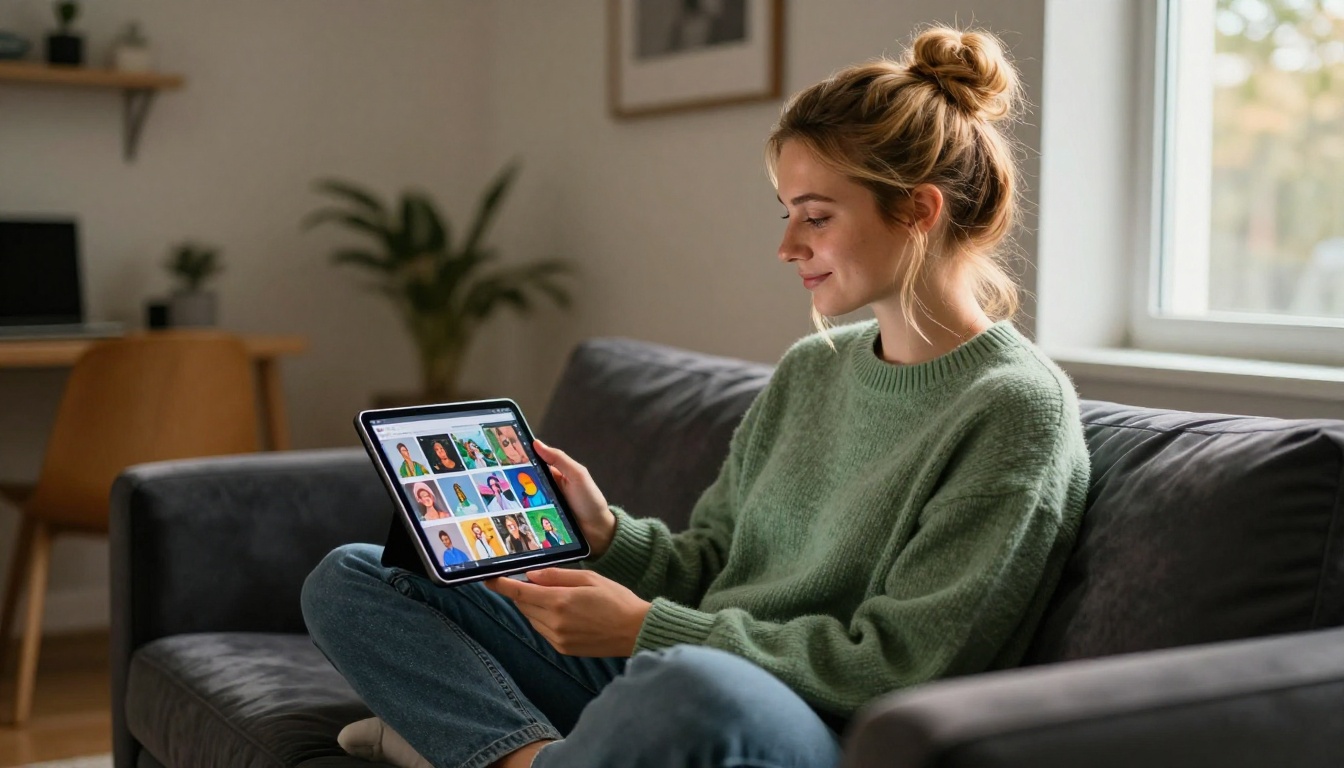 Medium portrait of a creative woman sitting cross-legged on a velvet sofa holding a tablet displaying an AI image generation interface Medium portrait of a creative woman sitting cross-legged on a velvet sofa holding a tablet displaying an AI image generation interface