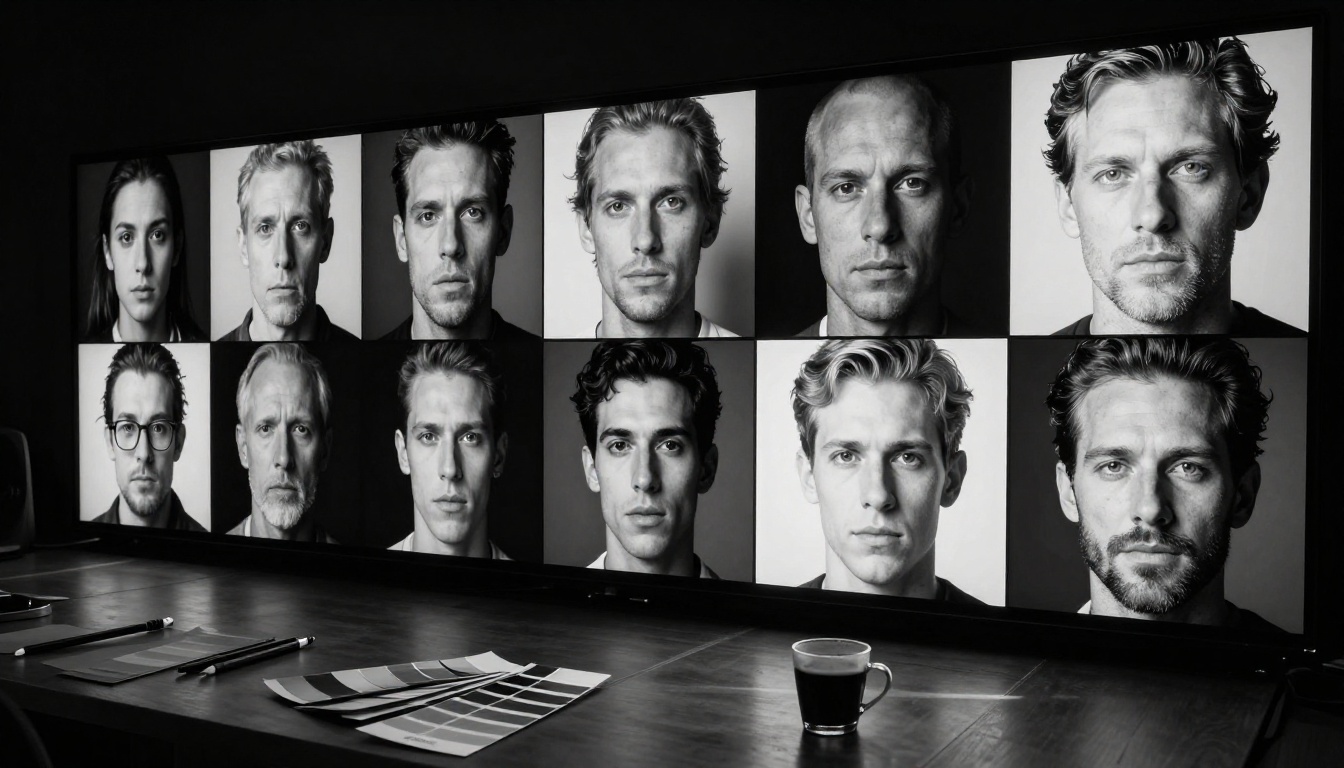 Dramatic low-angle shot of a large monitor wall displaying a grid of black and white AI-generated portrait photographs Dramatic low-angle shot of a large monitor wall displaying a grid of black and white AI-generated portrait photographs