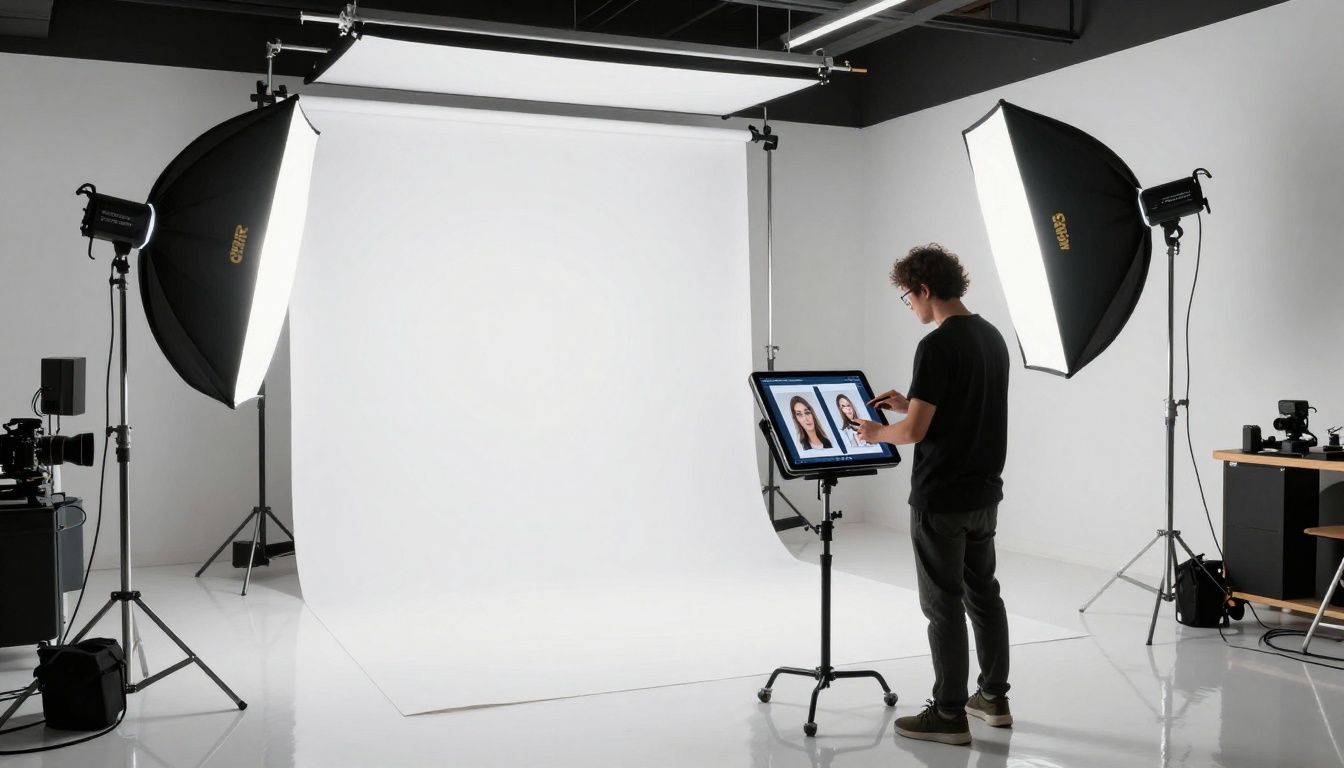 Wide shot of a professional photography studio with a photographer reviewing AI-generated reference images on an iPad propped on a light stand
