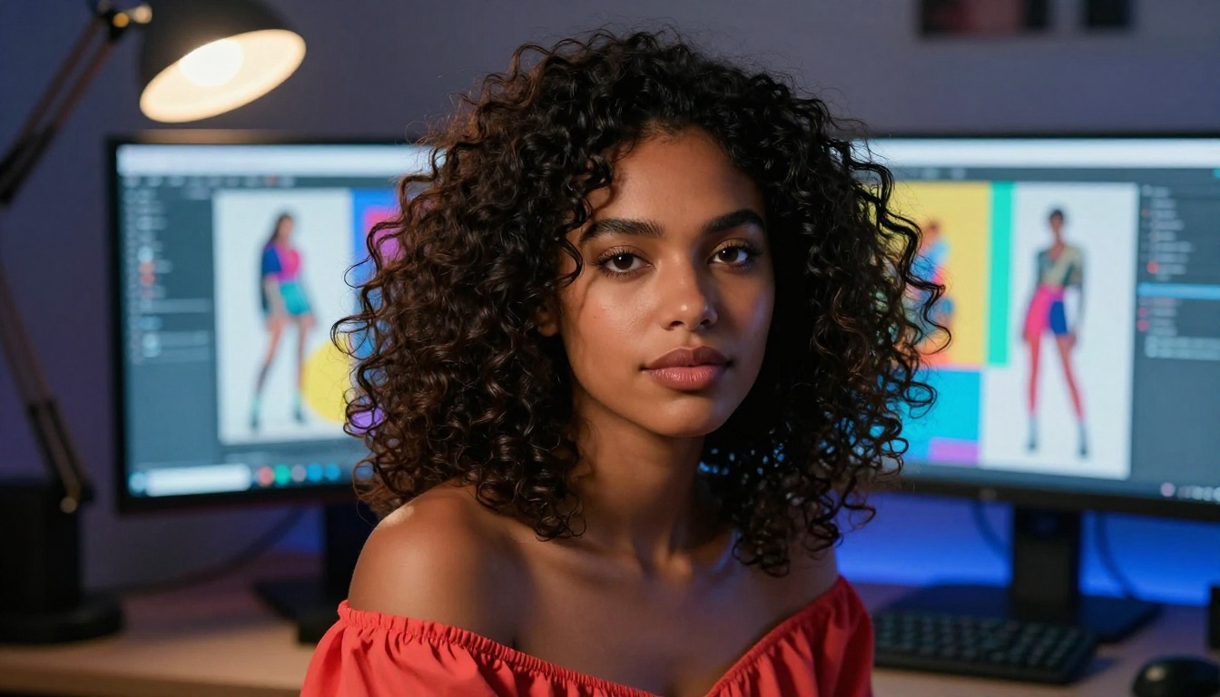 Medium portrait of a confident young woman with natural coily hair at a dual-monitor graphic design workstation with warm key light and cool monitor fill