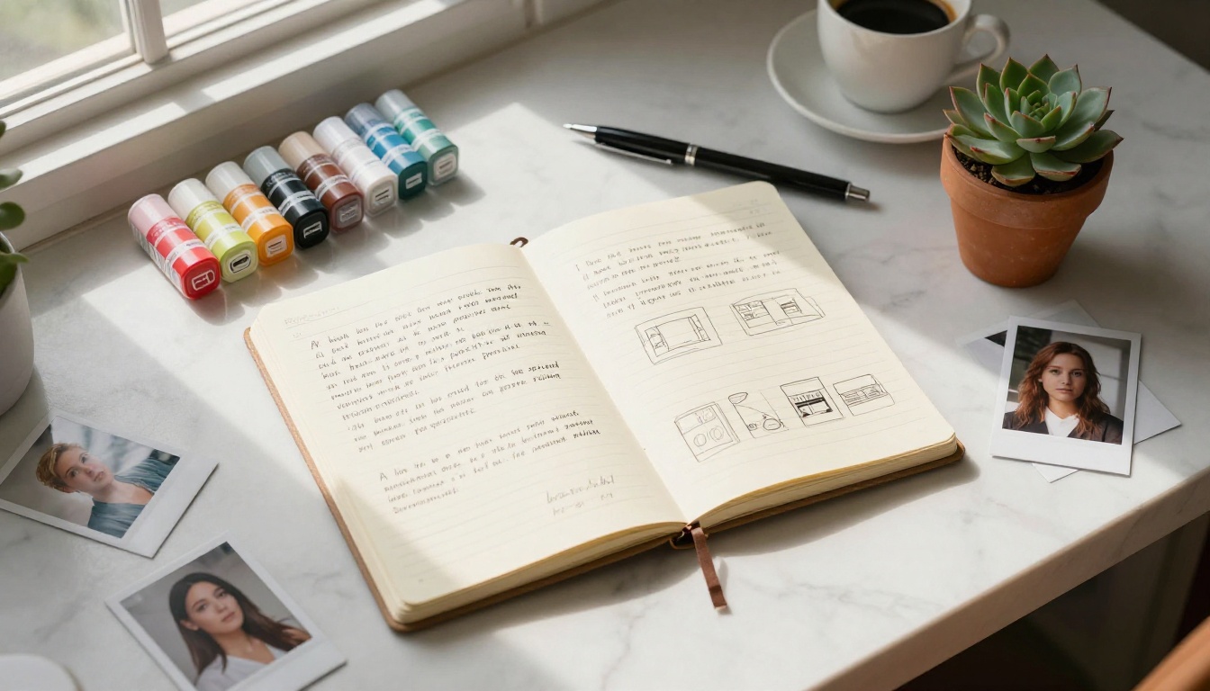 Aerial flat-lay of an open notebook with handwritten AI prompt notes surrounded by Pantone chips, a pen, espresso cup, and polaroid prints on white marble