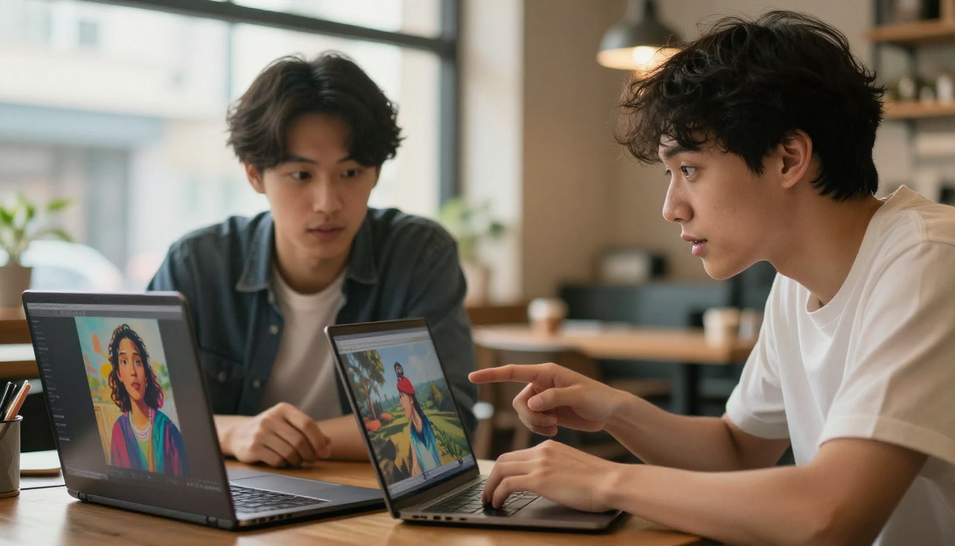Two creative professionals comparing AI-generated images side by side on separate laptops in a warm candid discussion