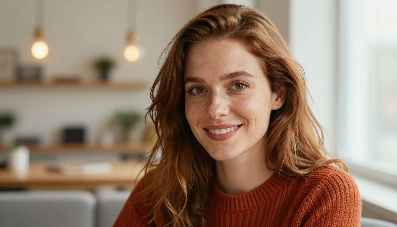 A creative professional woman reviewing AI-generated artwork on a laptop in a warm, sunlit home studio