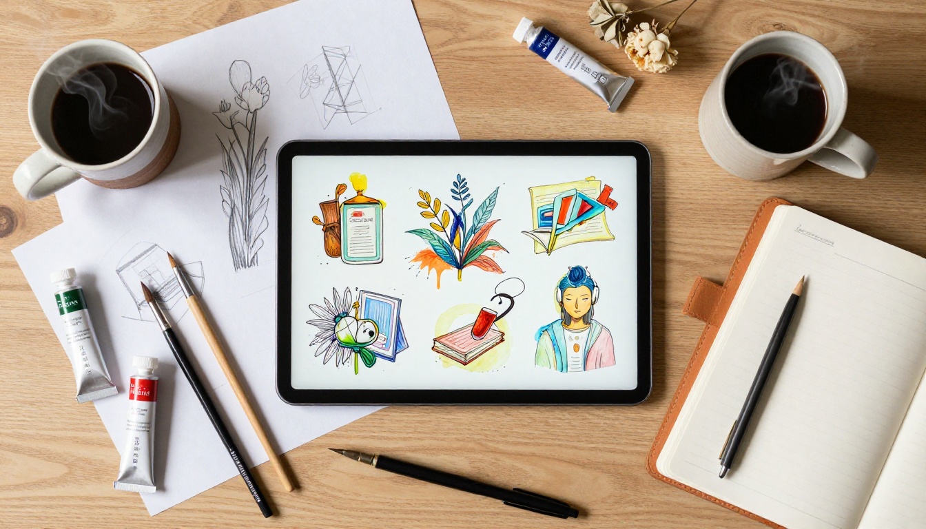Creative tools flat lay with tablet displaying AI artwork, watercolors, brushes and sketchbook on wooden table