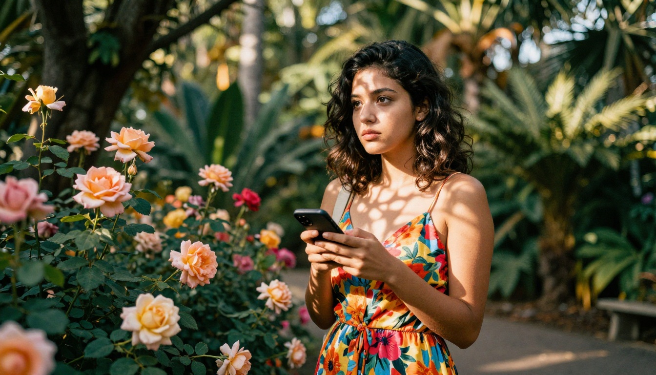 A stylish young woman in a floral sundress standing in a botanical garden with golden afternoon sunlight and dappled light patterns