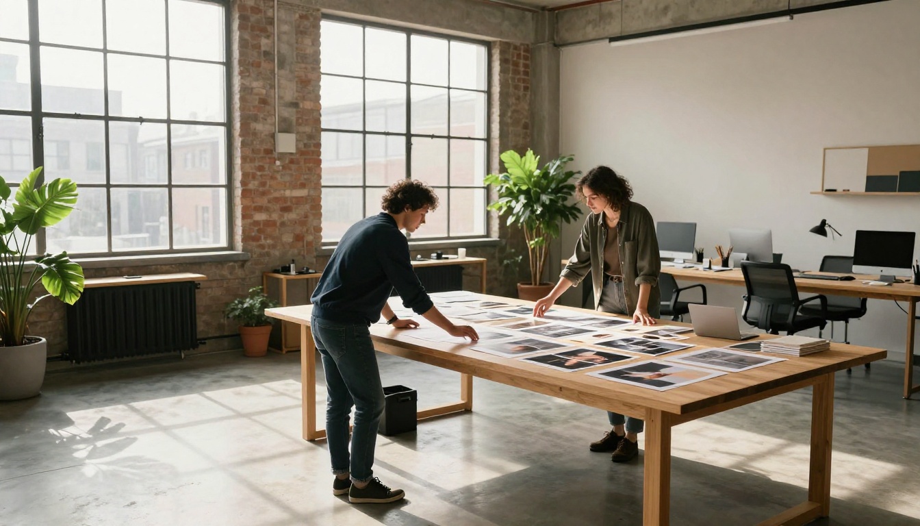 Wide shot of two creative professionals collaborating at a large wooden table covered with design mockups in a modern studio with industrial windows and concrete floors