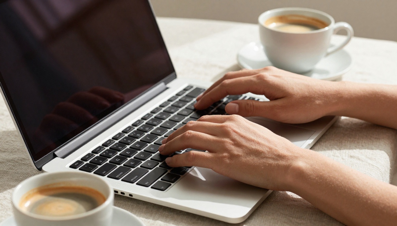 Close-up macro detail of woman's hands typing on a sleek silver laptop with a ceramic espresso cup beside it on linen cloth, afternoon sunlight casting soft shadows