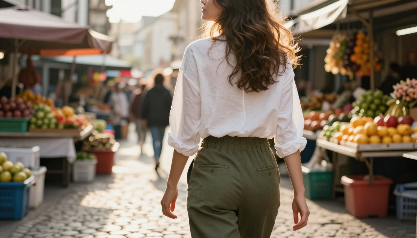 Low-angle upward shot of a stylish woman in olive trousers and white blouse standing at an urban street market with golden rim light creating a halo effect on her hair