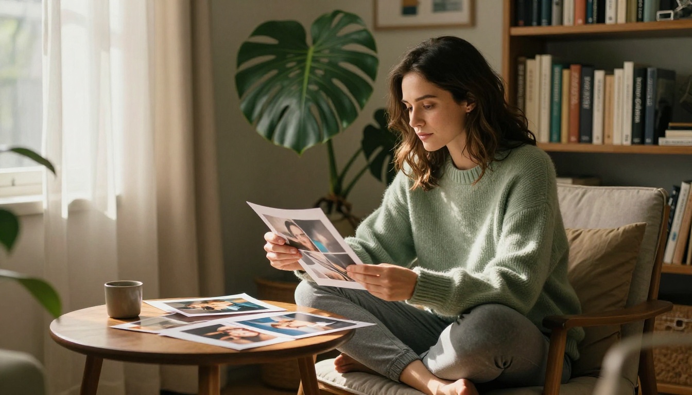 A woman sitting cross-legged in a cozy home office reading chair, reviewing printed photographs on a wooden coffee table, bookshelves filled with art books and monstera plant visible