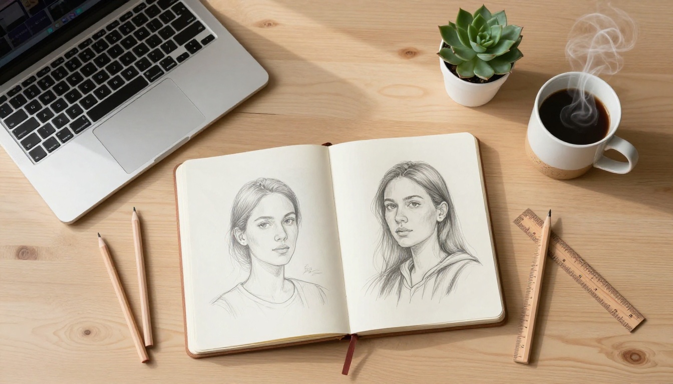 Creative workspace flat-lay with laptop and sketches