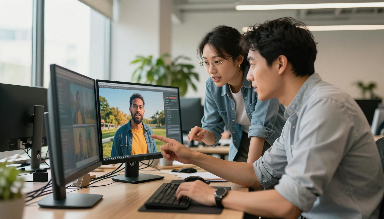 Two colleagues discussing AI-generated images on a monitor