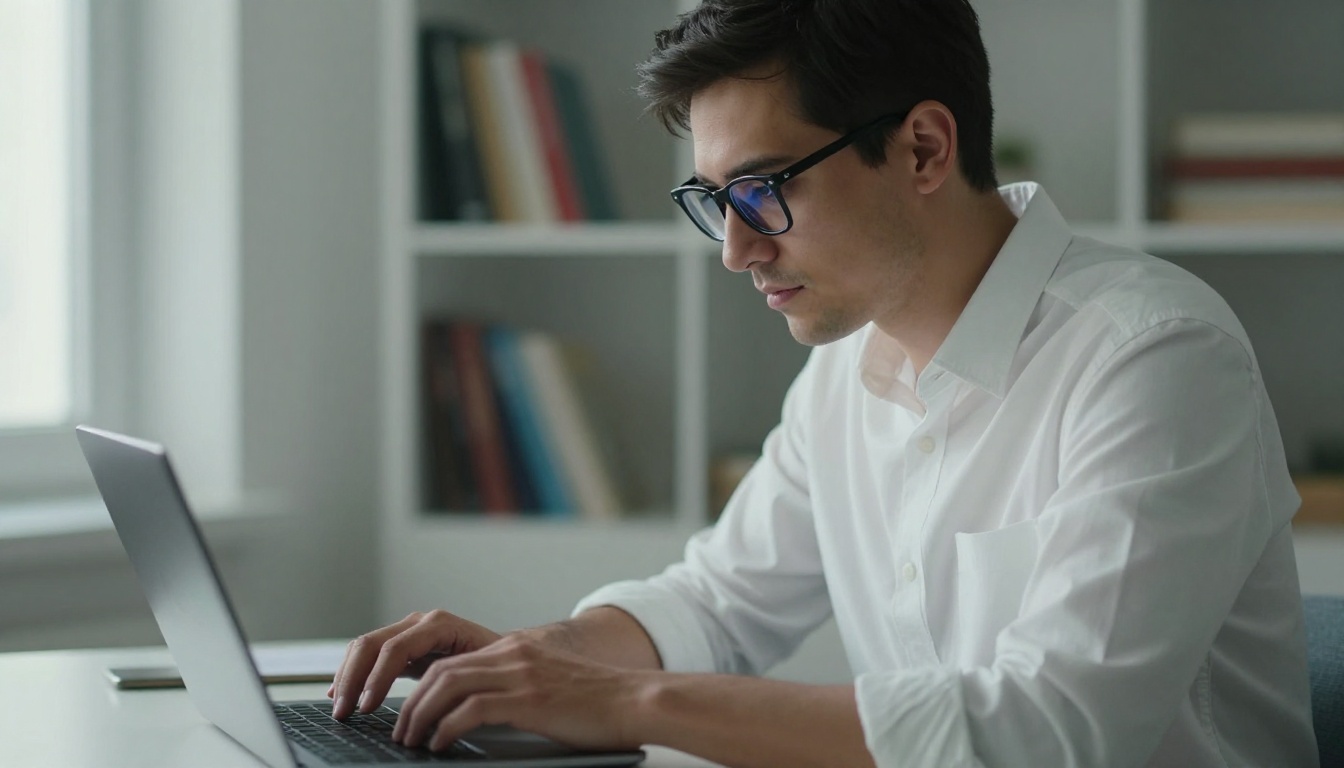 Man focused at a laptop in a minimalist office