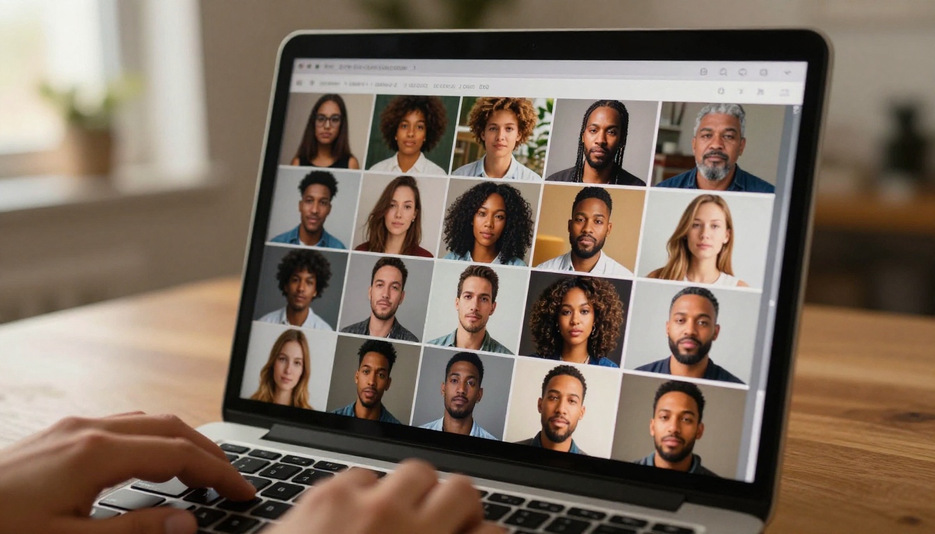 Laptop screen showing diverse AI-generated portraits