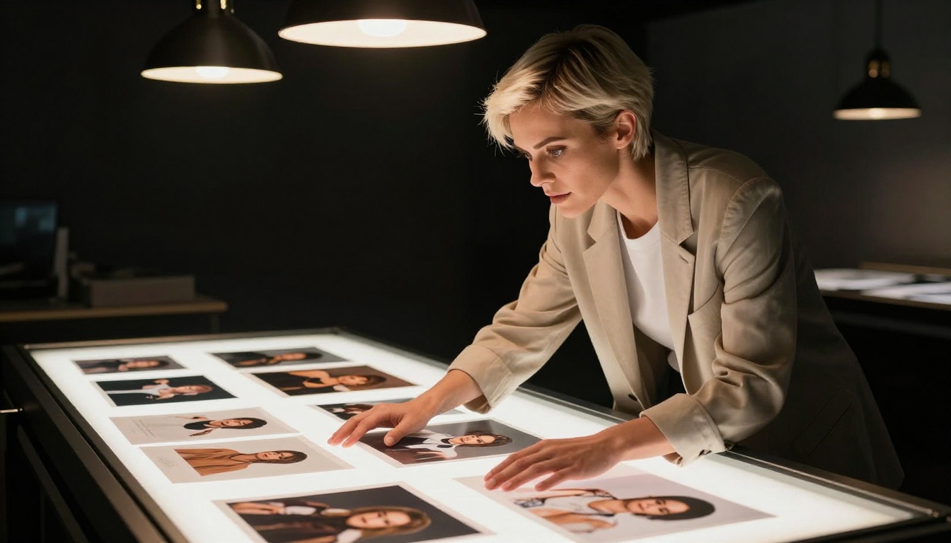 Creative director reviewing photo prints on a light table