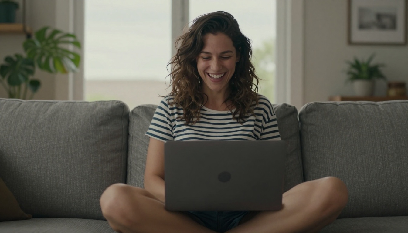 Woman laughing on a sofa with a laptop
