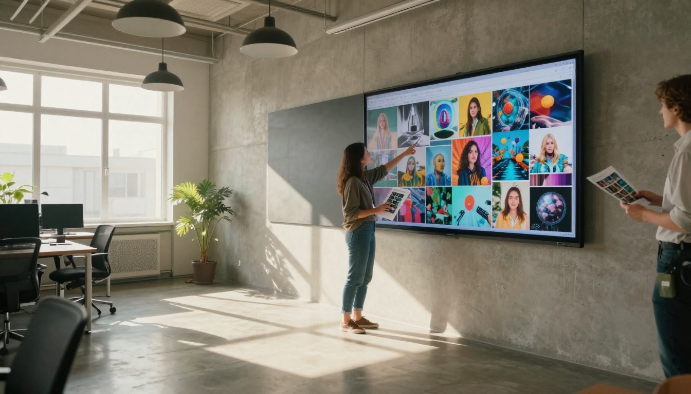 Two creative professionals collaborating over a large display of AI-generated image outputs in a bright open-plan office, natural light