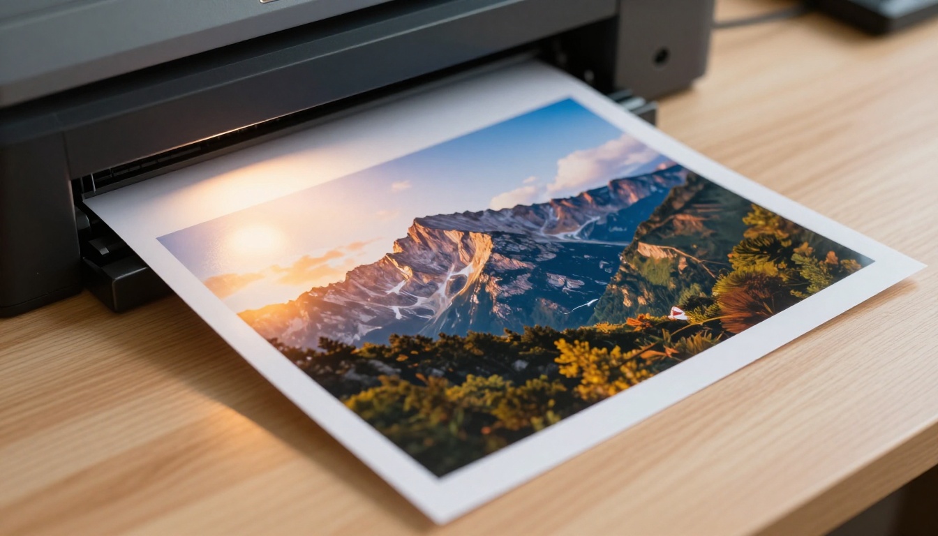 High-resolution printed photograph emerging from a professional printer, warm lamp light illuminating paper texture, macro photography