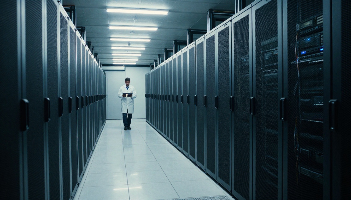 Server room corridor with rack servers and a technician with a tablet, cool blue fluorescent lighting, photorealistic photography