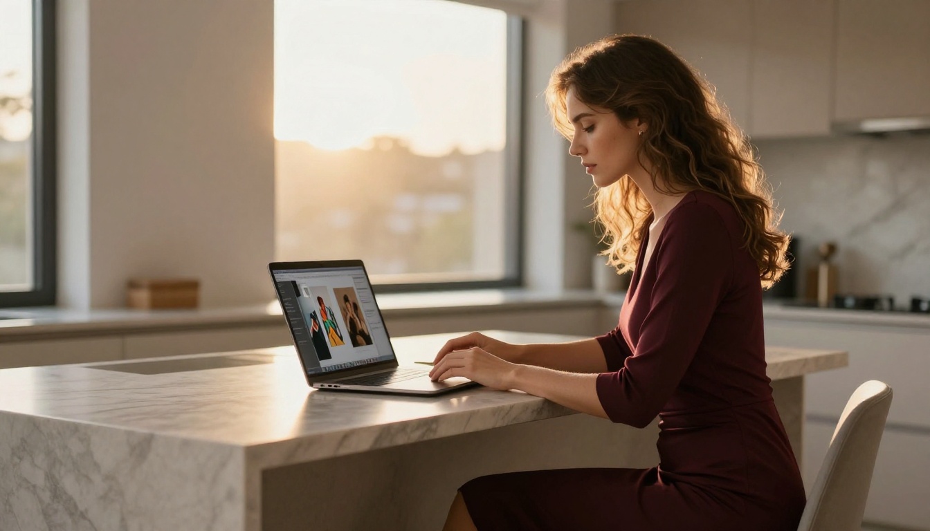 Beautiful woman in a burgundy dress at a marble kitchen island with a laptop showing AI-generated art, golden hour light