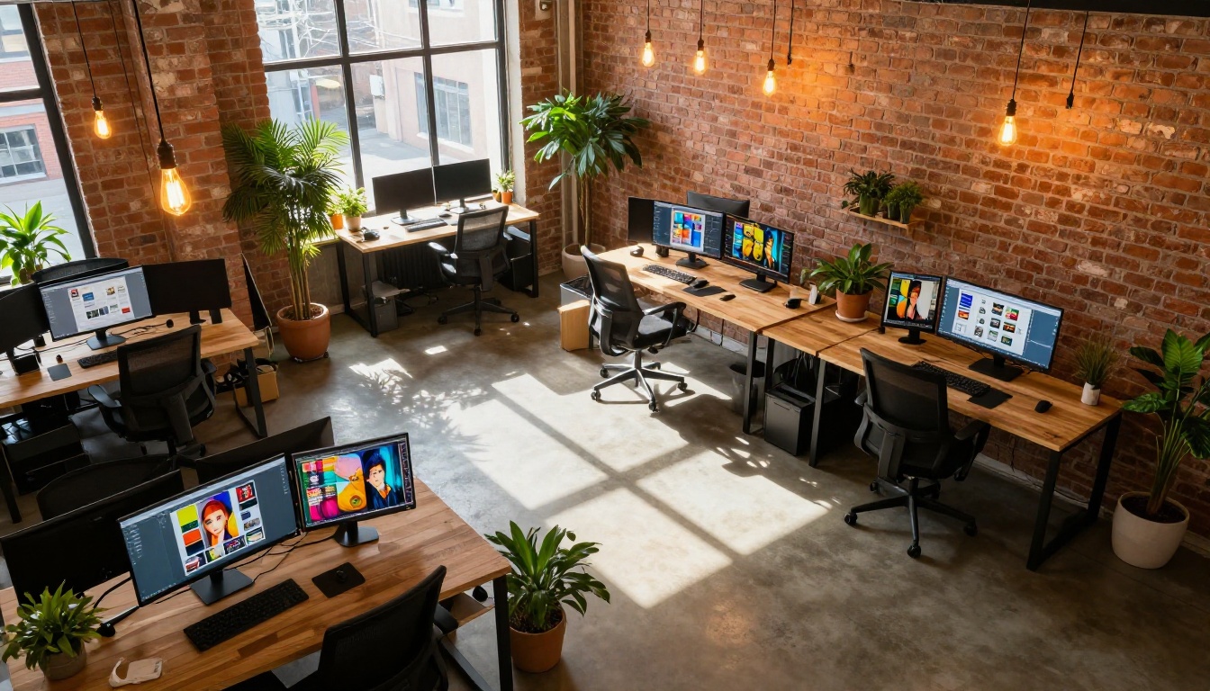 Overhead view of a creative agency studio with designers at monitors showing AI image projects, exposed brick walls, Edison bulb lighting