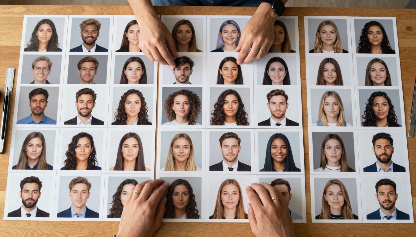 Aerial view of printed AI images arranged on a desk progressing from blurry to sharp outputs Aerial view of printed AI images arranged on a desk progressing from blurry to sharp outputs