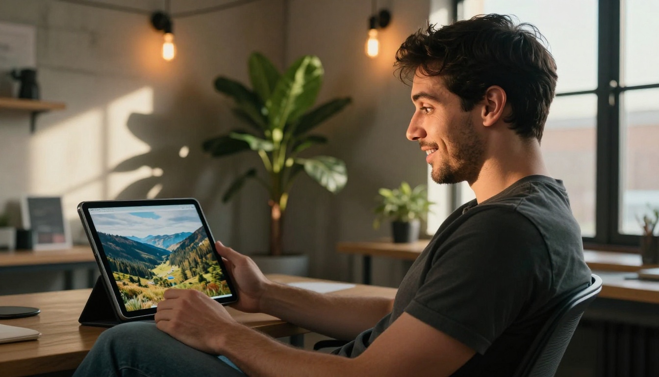 Man reviewing a photorealistic AI-generated image on a tablet in a creative workspace Man reviewing a photorealistic AI-generated image on a tablet in a creative workspace