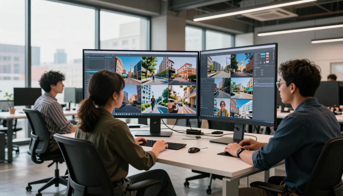 Three people collaborating around a monitor displaying a grid of photorealistic AI-generated images