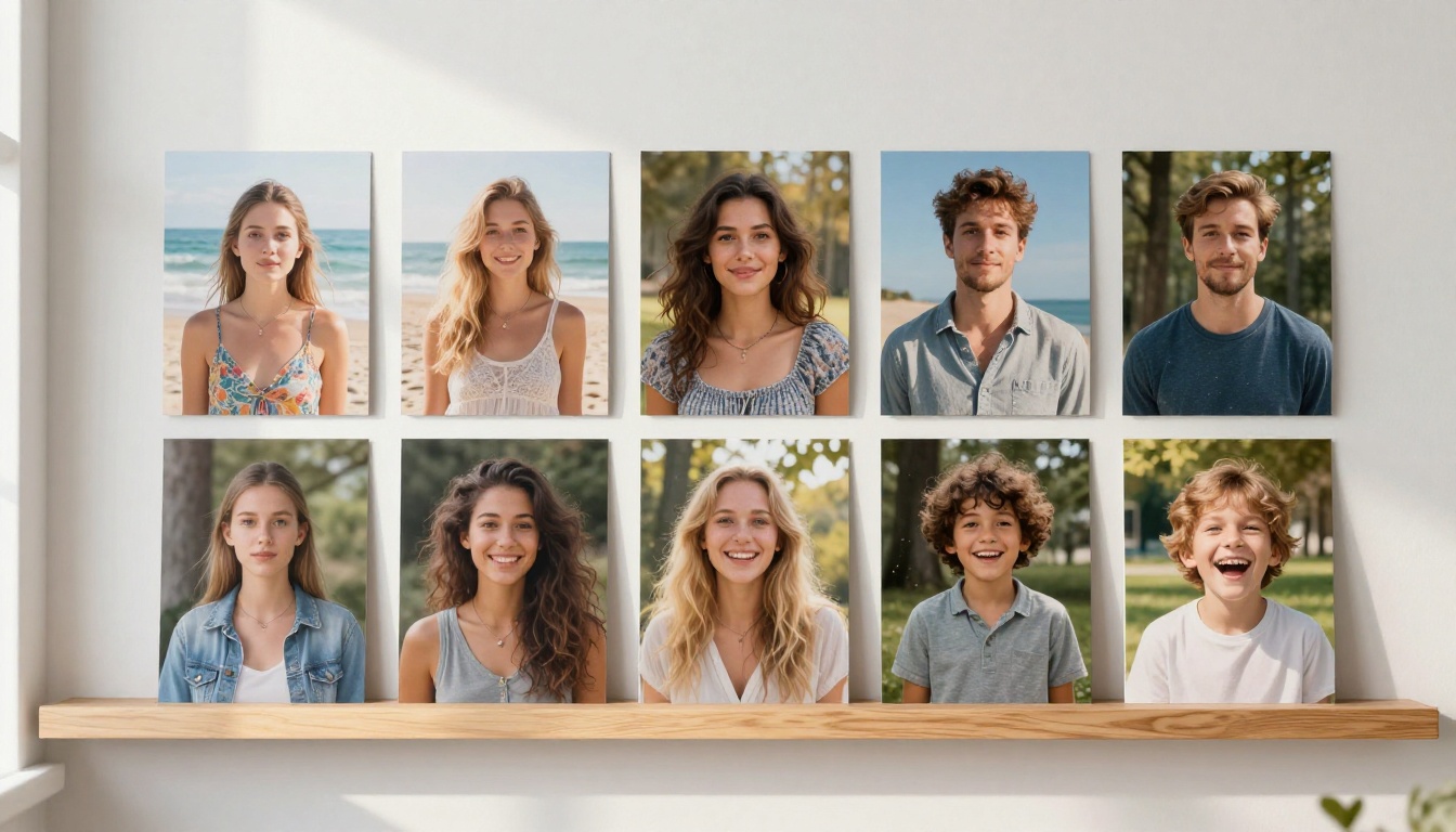 Row of printed AI-generated portraits displayed on a wooden shelf with warm morning sidelight