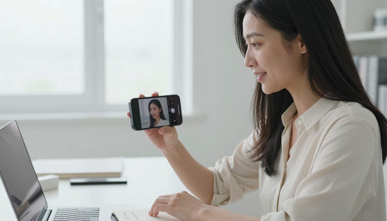 Woman holding a smartphone displaying a freshly generated AI portrait with delight on her face