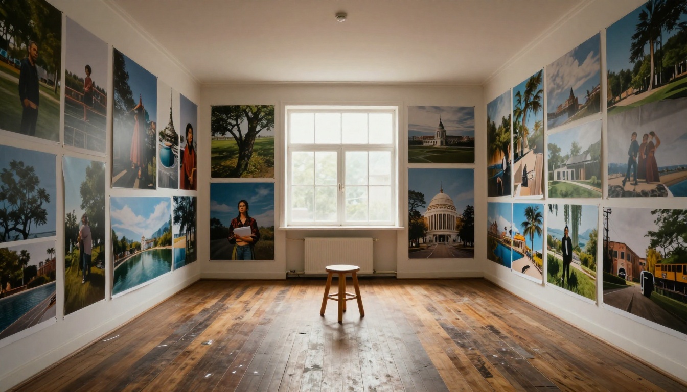 Wide view of a photography studio workspace with walls covered floor-to-ceiling in printed AI-generated photorealistic photographs