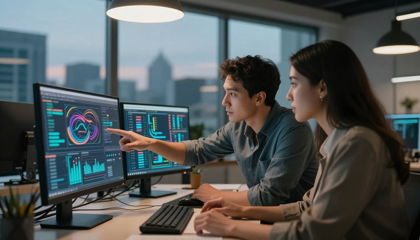 Two engineers at monitor with data visualizations workspace Two engineers at monitor with data visualizations workspace