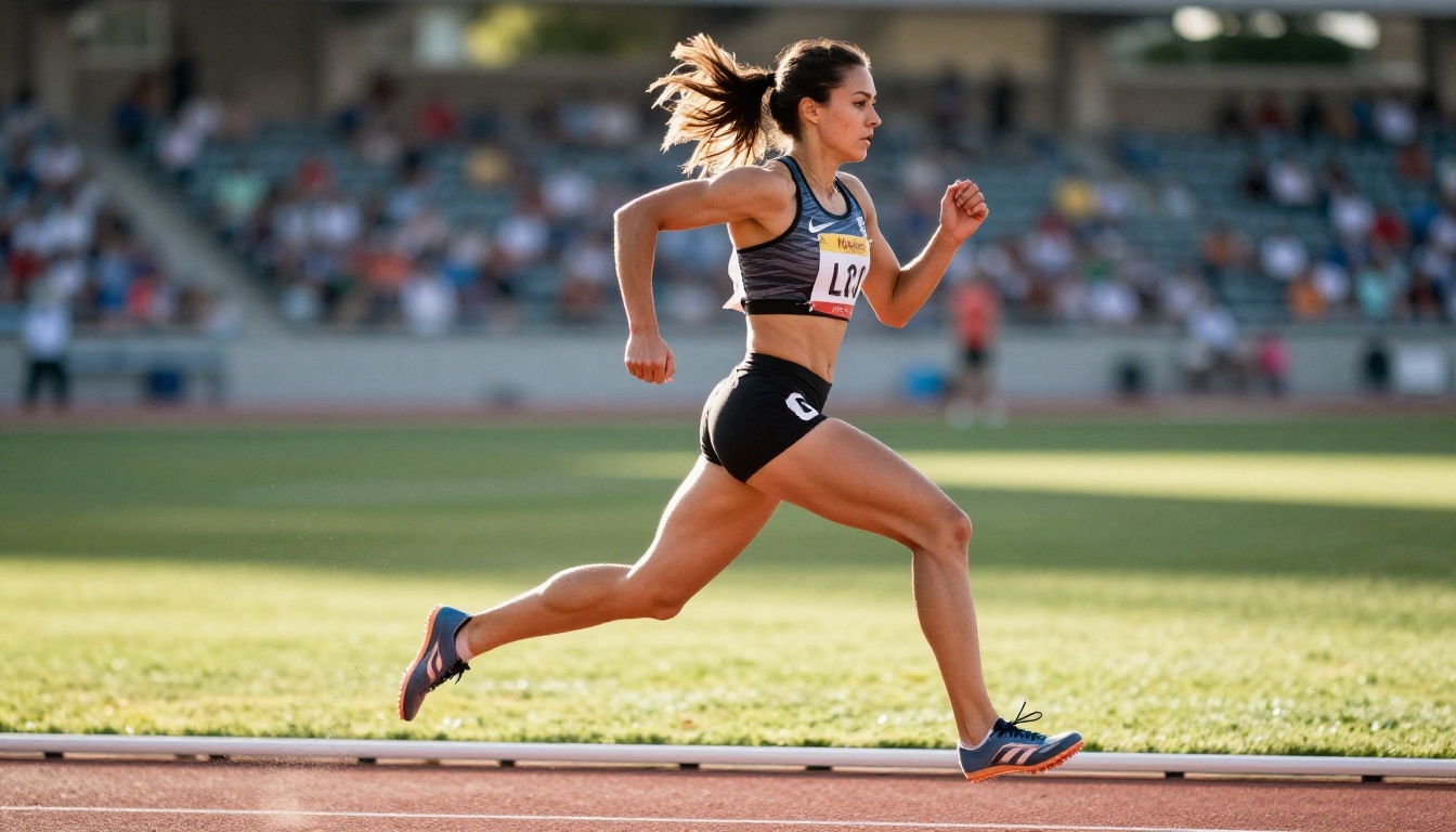 Female sprinter mid-race red track low angle Female sprinter mid-race red track low angle