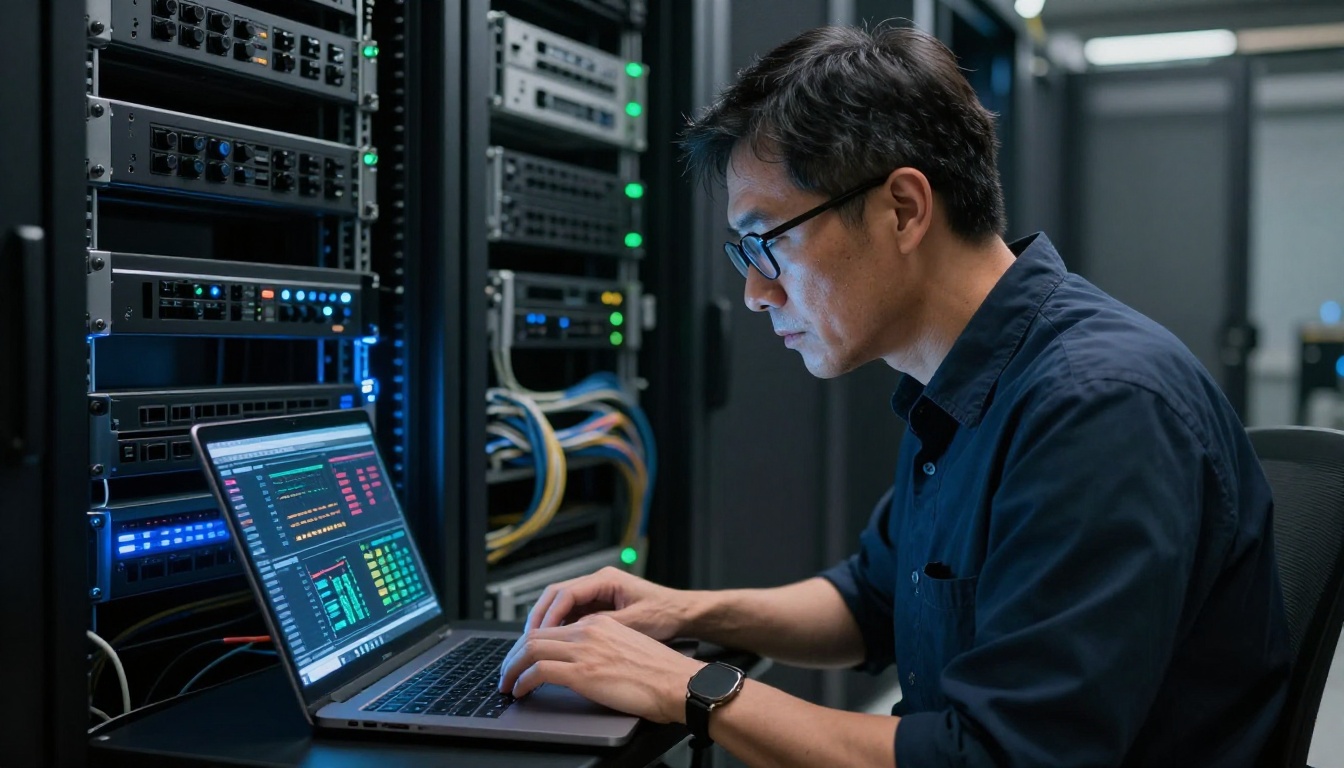 Researcher in server room laptop data charts