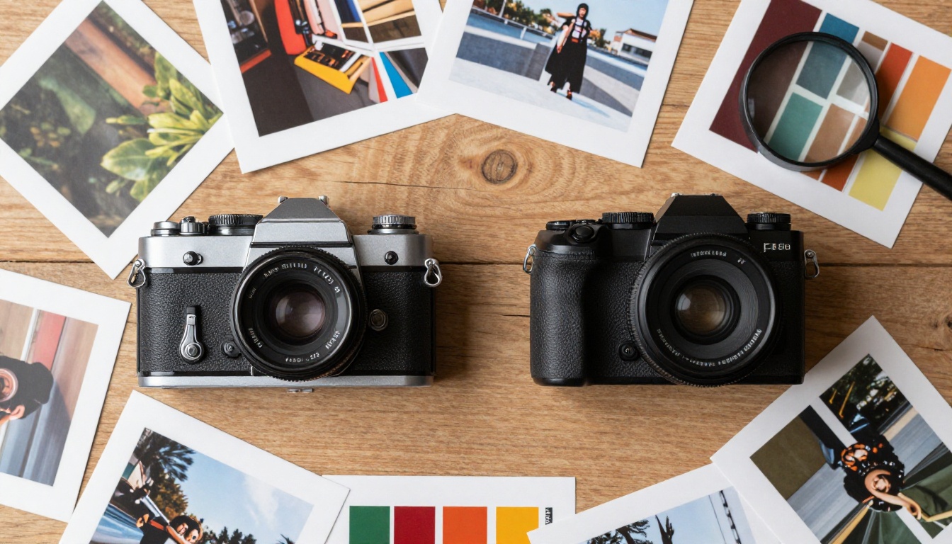 Flat-lay comparison of two cameras on wood with color swatches Flat-lay comparison of two cameras on wood with color swatches
