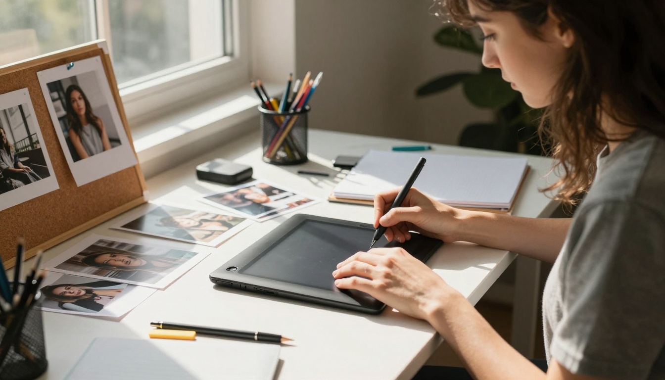 Young woman creative desk tablet window afternoon light