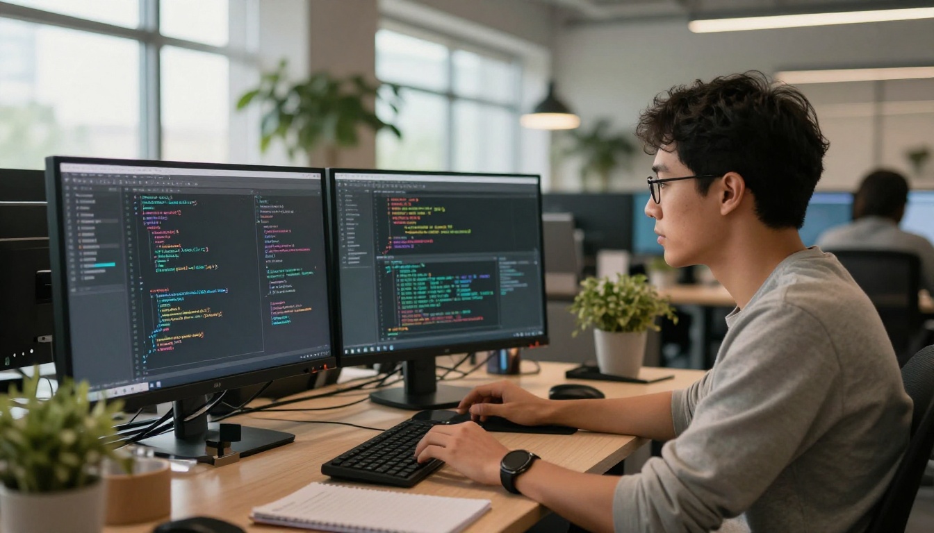 Two software engineers collaborating at a workstation reviewing AI model training graphs on dual monitors in a modern office