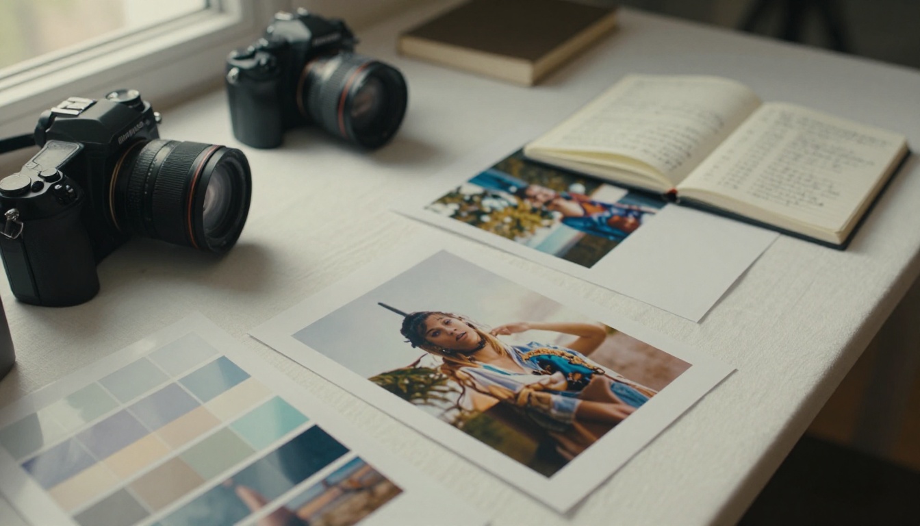Creative designer's desk with printed photographs, color swatches, and a professional camera viewed from directly above in flat lay composition