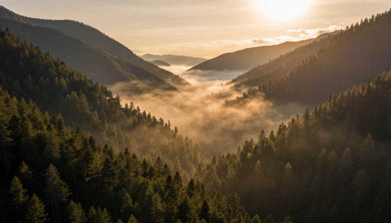 Wide aerial landscape of a misty mountain valley at golden hour with dense pine forests and fog rolling through valleys between peaks