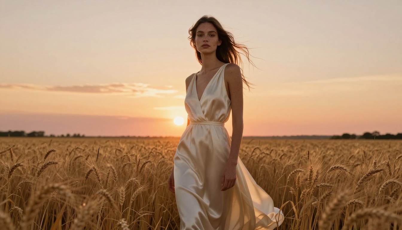 Fashion editorial model in a flowing cream silk dress standing in a golden wheat field at magic hour with warm backlighting and bokeh foreground