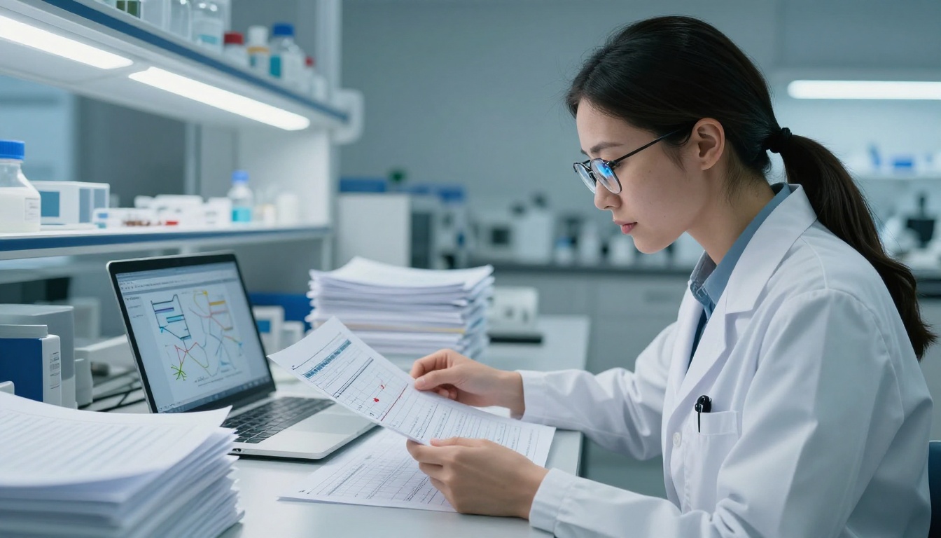 Research scientist reviewing neural network architecture diagrams and printed data charts in a modern laboratory workspace