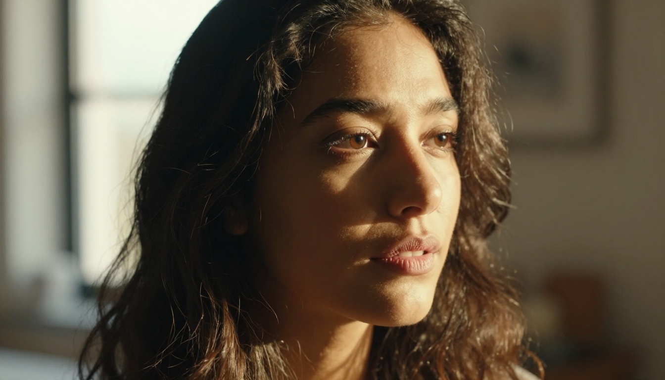 Intimate close-up portrait of a woman with dark curly hair near a sunlit window with shallow depth of field showing natural skin texture