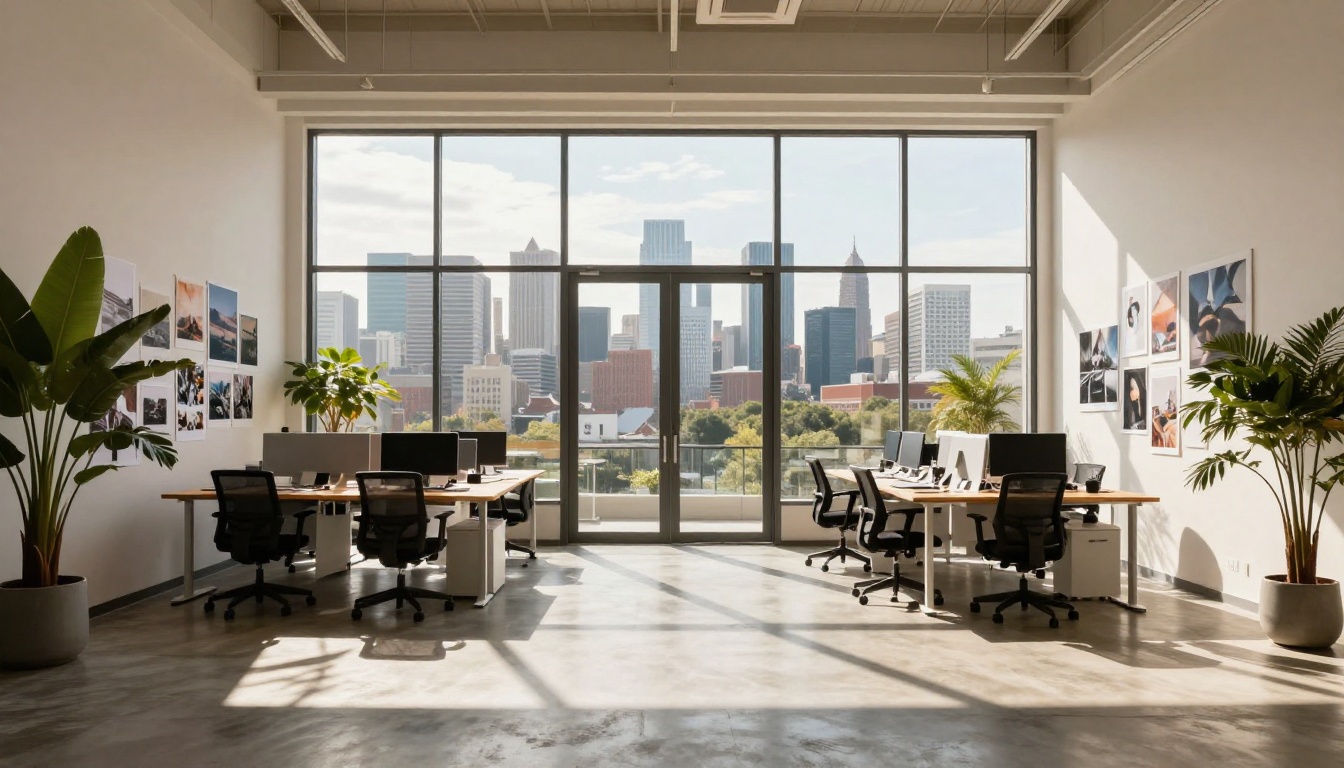 Wide modern creative office space with floor-to-ceiling glass walls, standing desks, and large format art prints on white walls